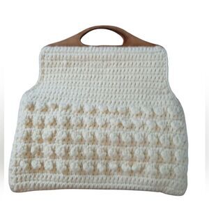 Vintage Crochet Tote Bag Wood Handles